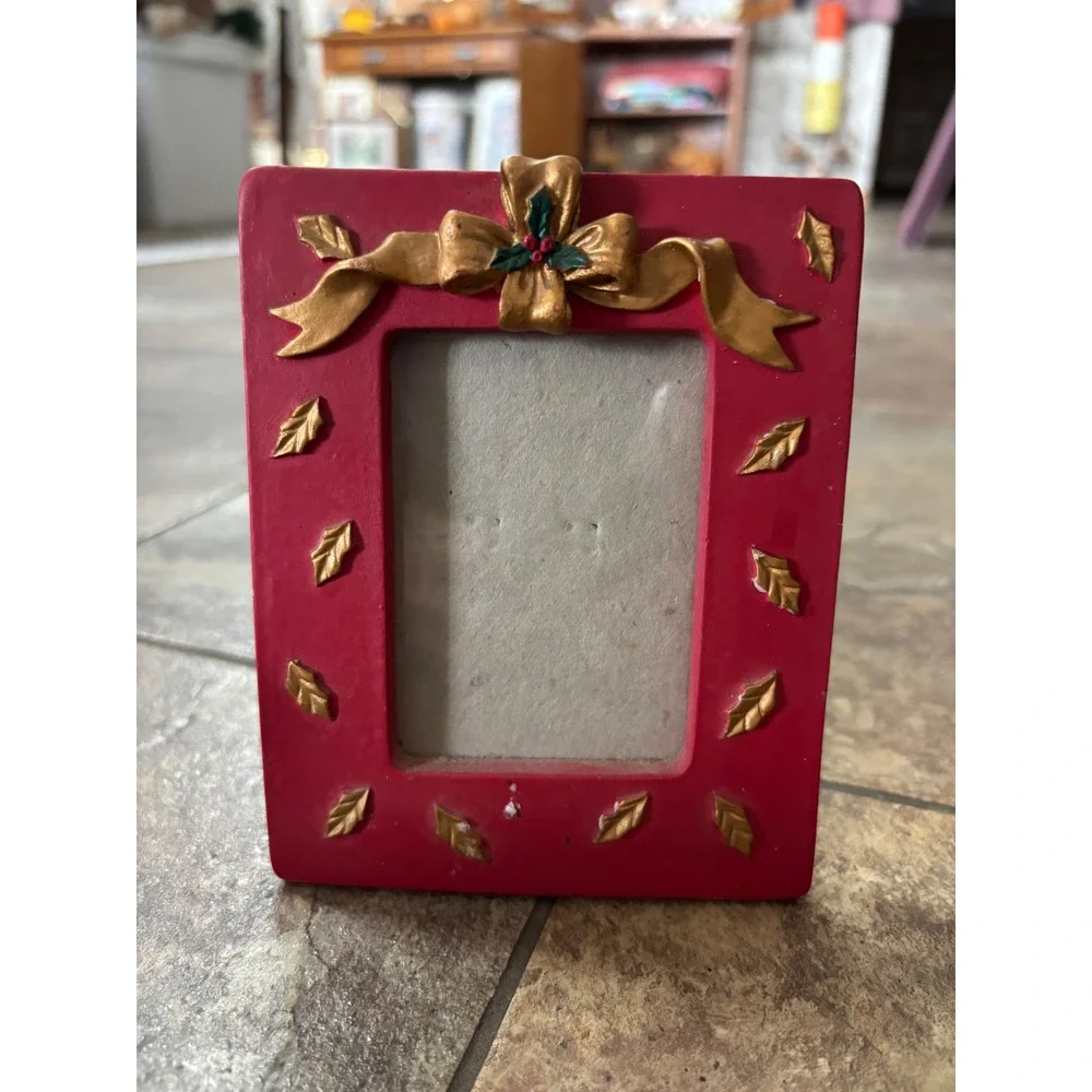 Christmas Red and Gold Holly Ribbon Picture Frame Small Tabletop Holiday Decor